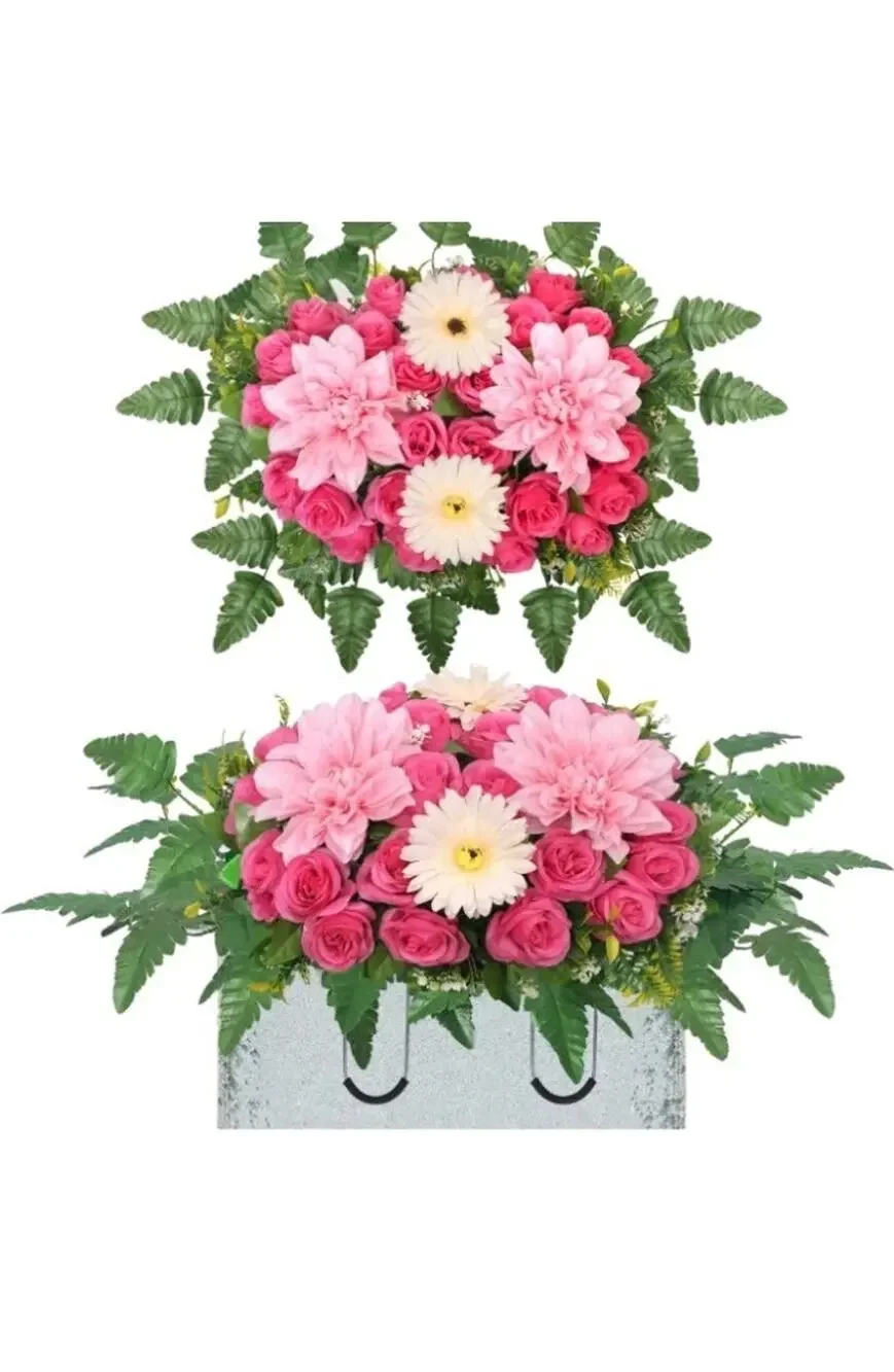 Lodou Artificial Cemetery Flower Saddles for Graves,Outdoor Dark Pink Rose